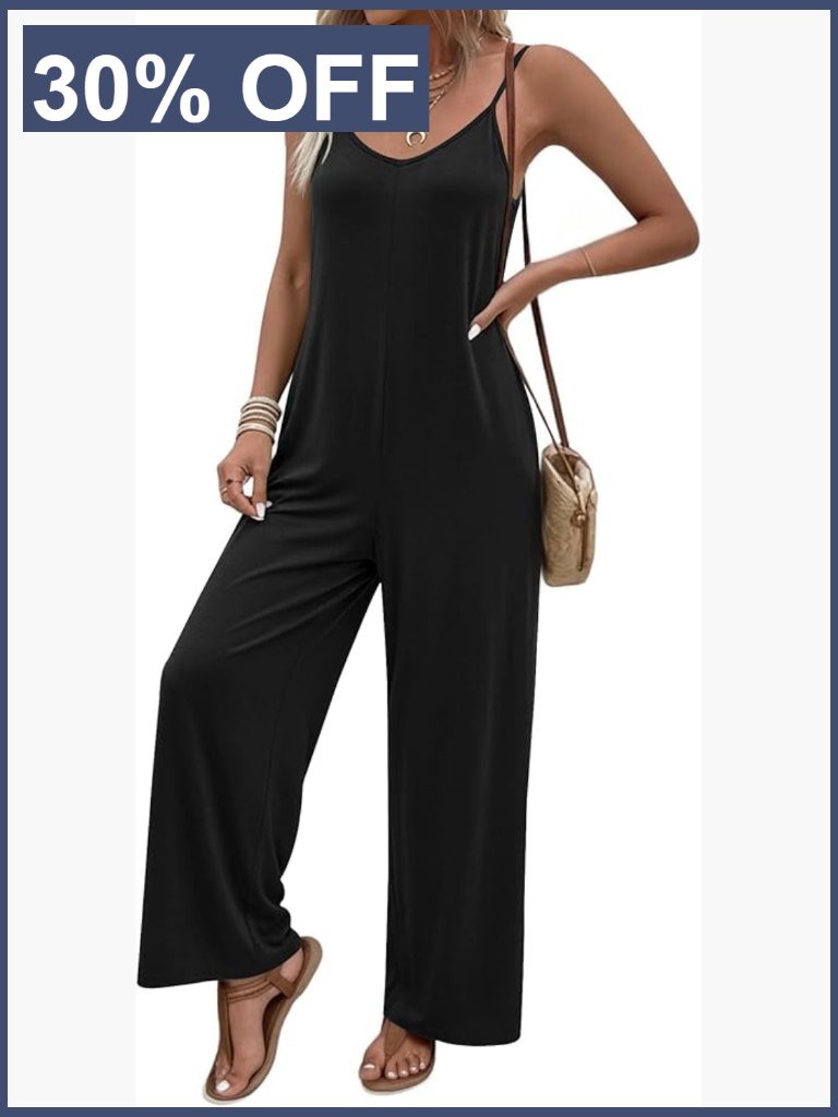 Boho Sleeveless Jumpsuit With Pockets Adjustable Spaghetti Strap Loose Fit